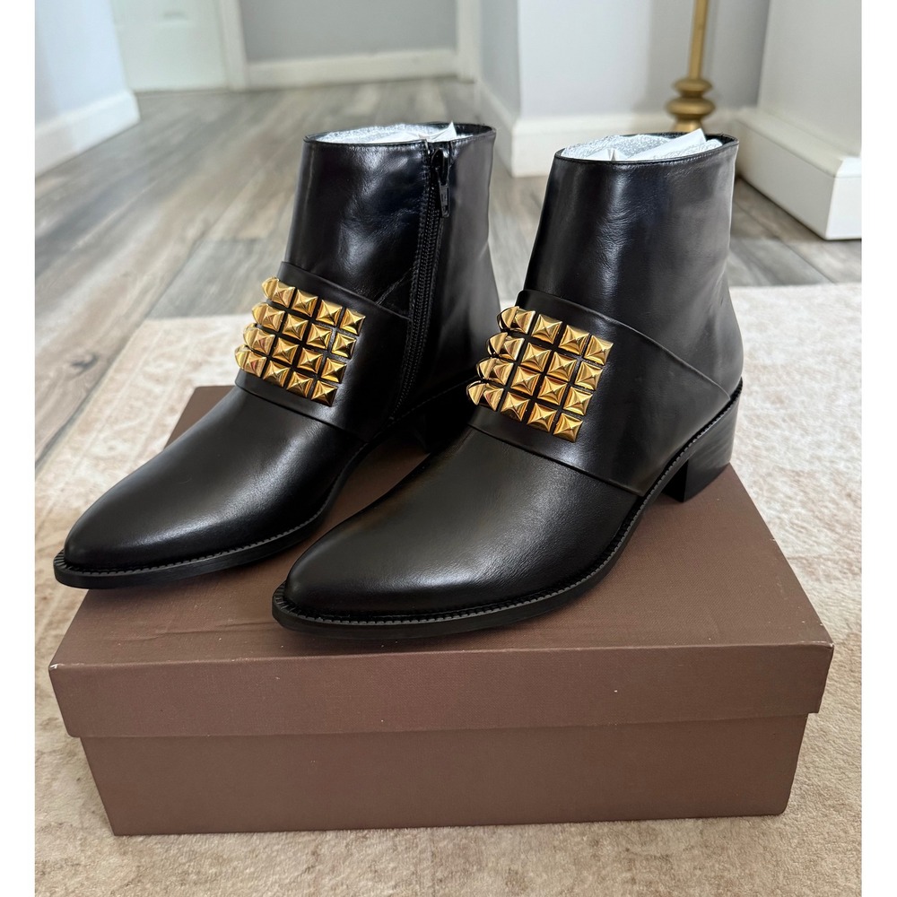 Jon Josef Lust Black Leather Gold Pyramid Studded Ankle Boots, 8M